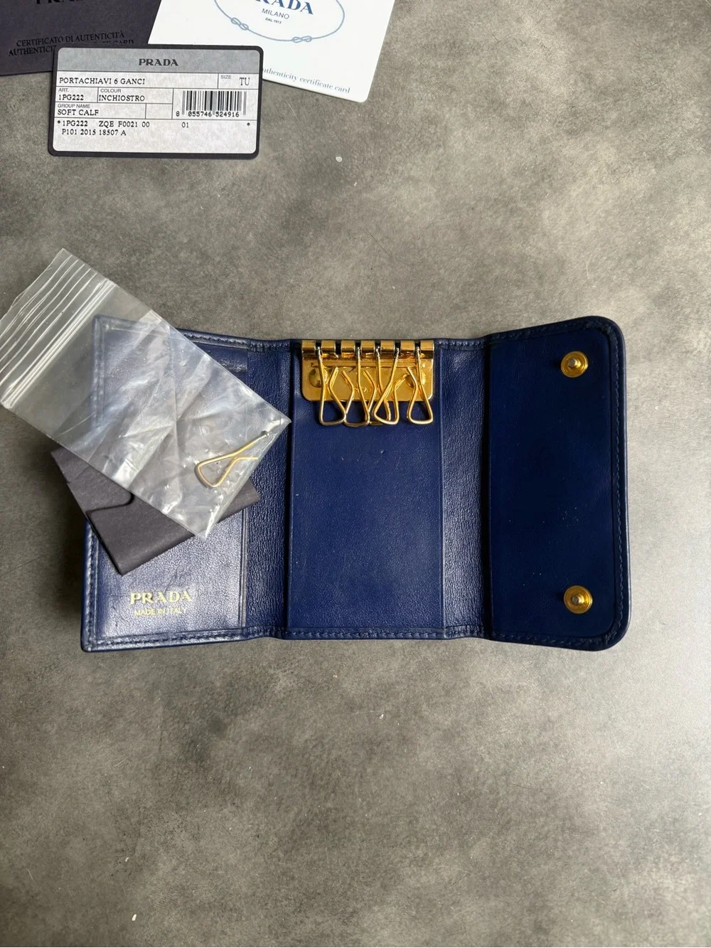 Prada Soft Calf Leather Key Holder Wallet in Blue with Gold Hardware